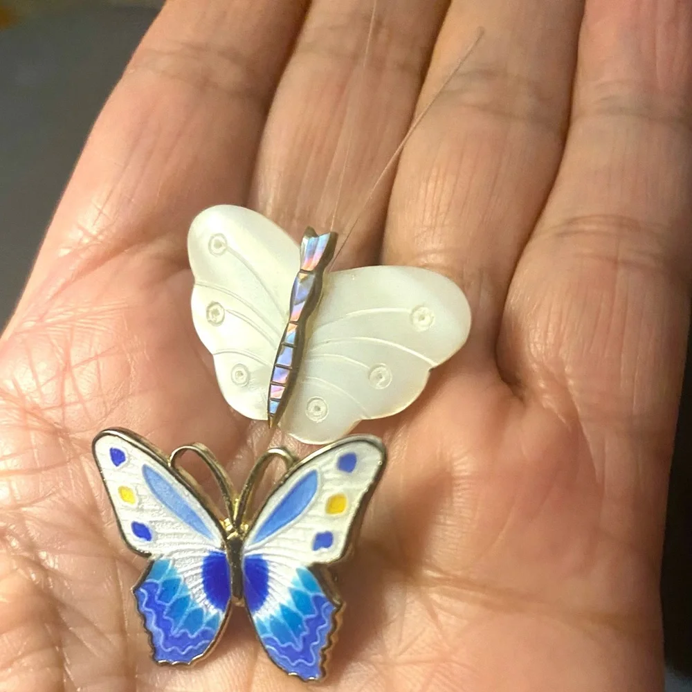 Vintage Set of 2 Butterfly Brooch Gold Metal & Enameled Mother-Of-Pearl